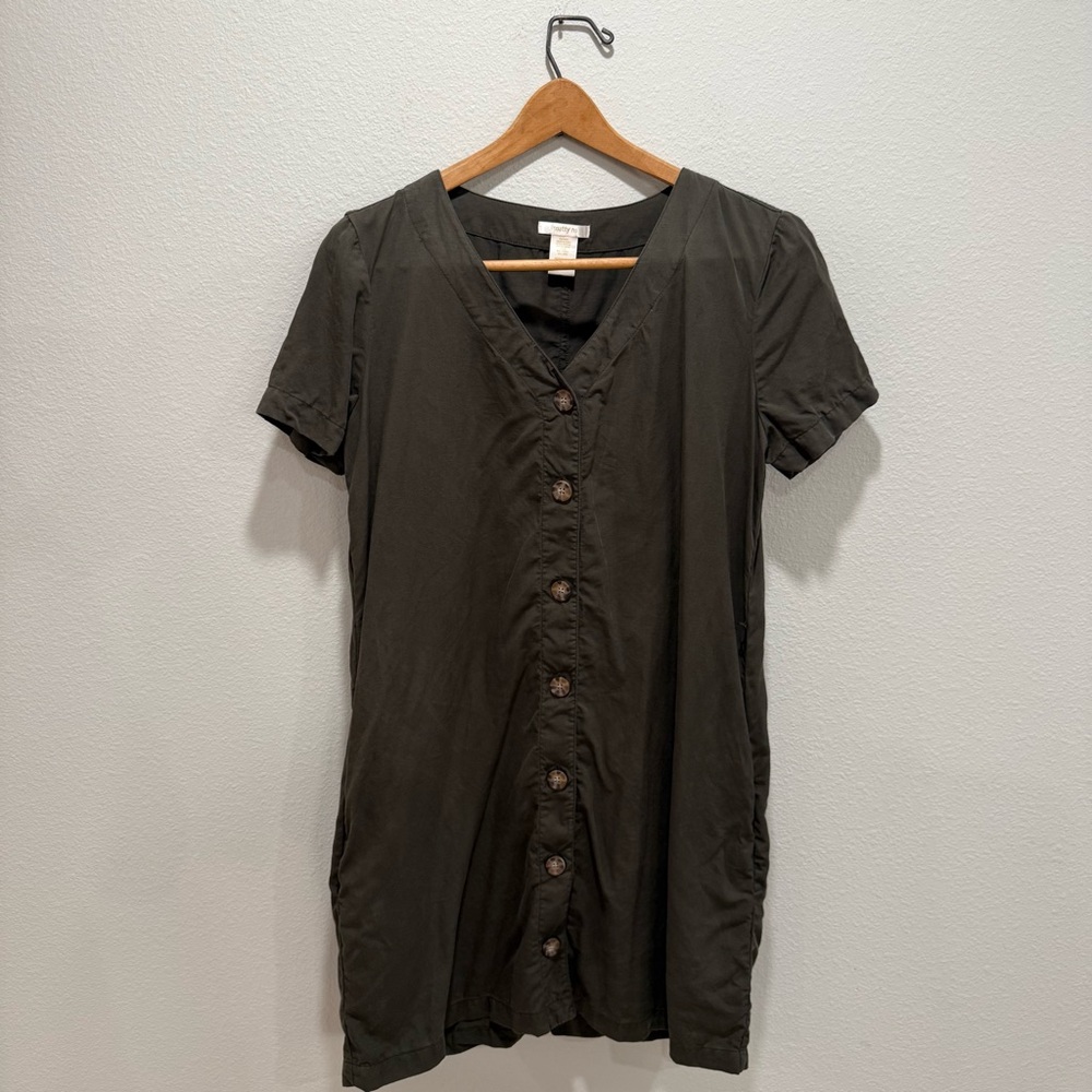 Coastal Minimalist Olive Linen Blend Shirt Dress Summer Capsule Size M